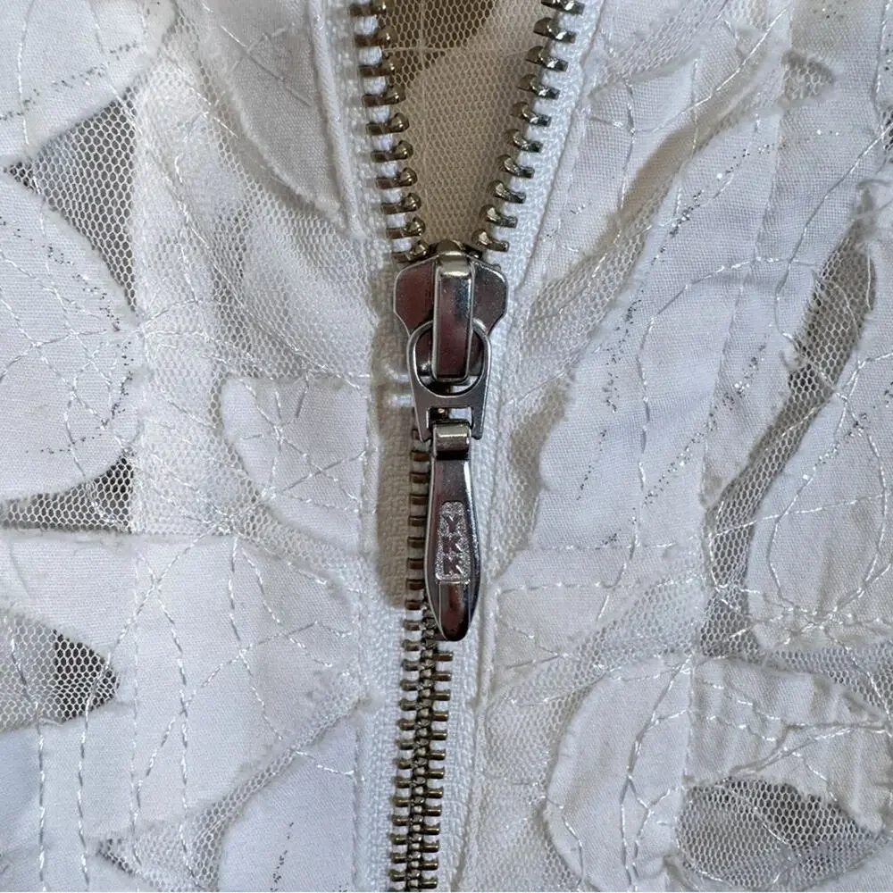 Coldwater Creek White Lace Sheer Full Zip Jacket Womens 12P Boho Coquette Girly